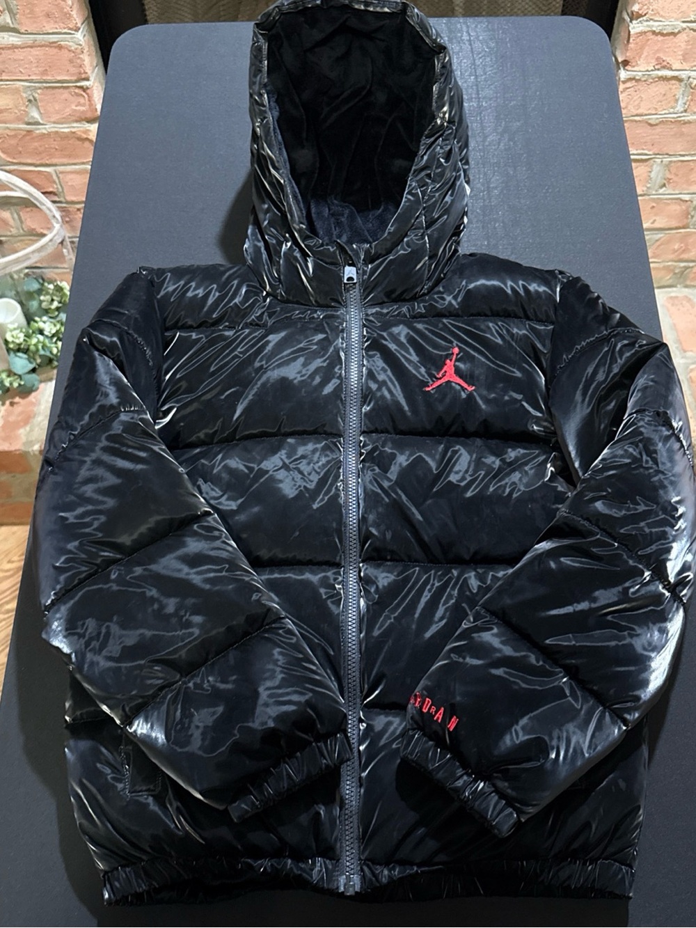Jordan Black Shiny Puffer Jacket with Red Embroidery